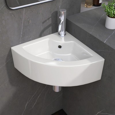 13 x 13 x 5 in. Corner Ceramic Wall-Mount Bathroom Sink in White Vessel Wall-Hung with Overflow