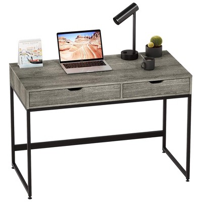 Bestier Computer Office Desk with Steel Frame, Reversible Book Shelves,  Headphone Hook, Adjustable Feet, & Under Desk Storage, Grey