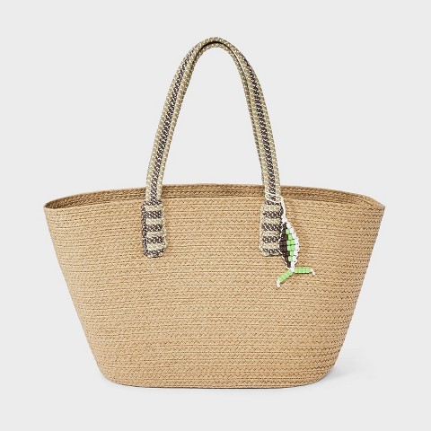 Universal Thread Straw Large Tote Bag with Fish Charm - Universal Thread™ Natural/Brown
