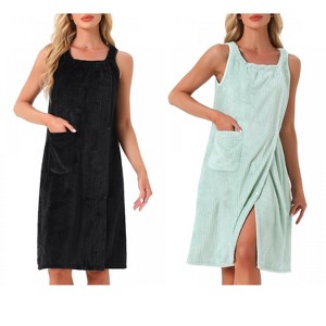 INSPIRE CHIC Women's 2 Pcs Shower Wrap Wearable Button Bath Towel Robe Sleeveless Snap Dress with Pockets - 1 of 4