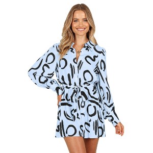 Women's Abstract Print Shirt Dress - Balloon Sleeve Self - Tie Belted Mini Dress - 1 of 4