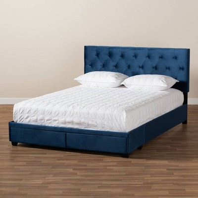 Navy Blue Velvet Queen Storage Bed with Tufted Headboard