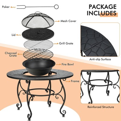 Black Steel Round Fire Pit Table with Cooking Grate