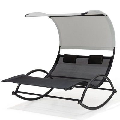 Crestlive Products Outdoor Double Sun Bed Chaise Lounge Chair Rocking Bed with Sun Shade & Wheels