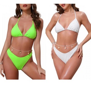 INSPIRE CHIC Women's Waffle Knit Halter Top Triangle Bottom with Seashell Waist Rope Bikini Suits 2 Sets - 1 of 4