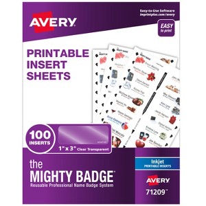 The Mighty Badge by Avery Printable Insert Sheets, 1" x 3" ID Badges, 100 Clear Inserts (5 Sheets) for Inkjet Printers (71209) - 1 of 4
