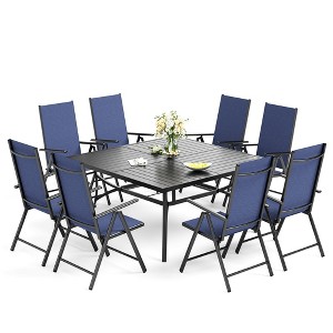 Captiva Designs 9pc Spacious Slat-top Square Metal Table with Umbrella Hole & Reclining Foldable Sling Chairs - 1 of 4
