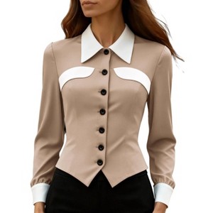 Garvee Women's Wrinkle Free Office Blouse Slim Fit Long Sleeve Stretch Button Down Work Shirt Top Khaki L