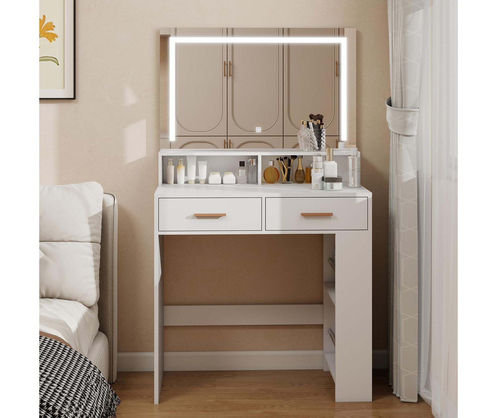 Vanity Desk With Mirror, Compact Makeup Vanity Table With 2 Large Drawers, Shelves, 3 Color Modes Adjustable Light, White