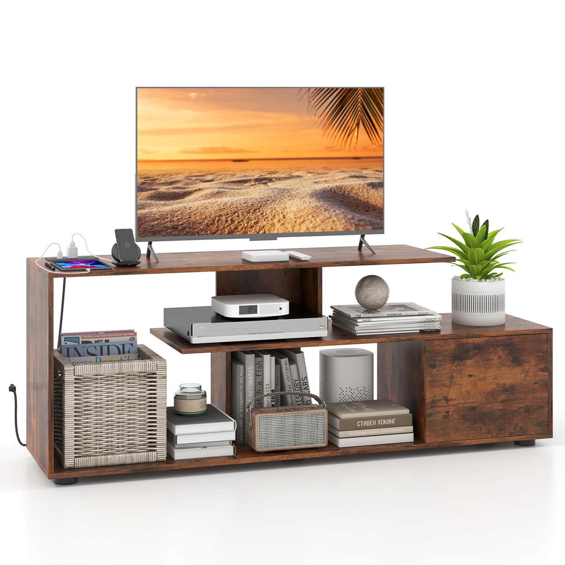 Costway 60" TV Stand with Charging Station Storage Shelves Industrial Entertainment Center