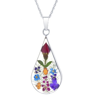 Women's Sterling Silver Pressed Flowers Teardrop Pendant Chain Necklace (18")