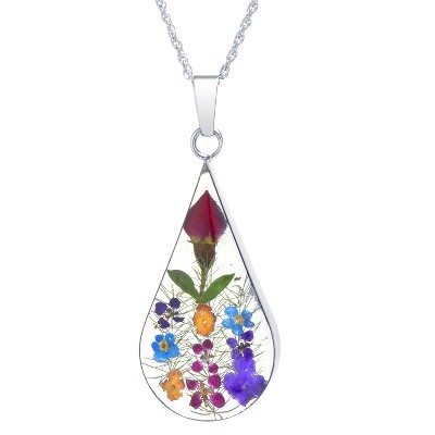 Women's Sterling Silver Pressed Flowers Teardrop Pendant Chain Necklace (18