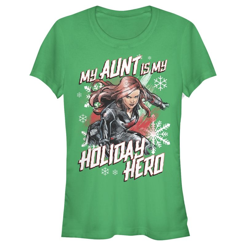 Juniors Womens Marvel Black Widow Aunt Holiday Hero T-Shirt, 1 of 4