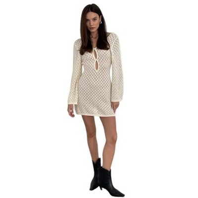 Womens Crochet Cover Up Long Sleeve Sexy Bodycon Sheer Knit Summer Beach Swimsuit Coverup Cut Out Mini Dress