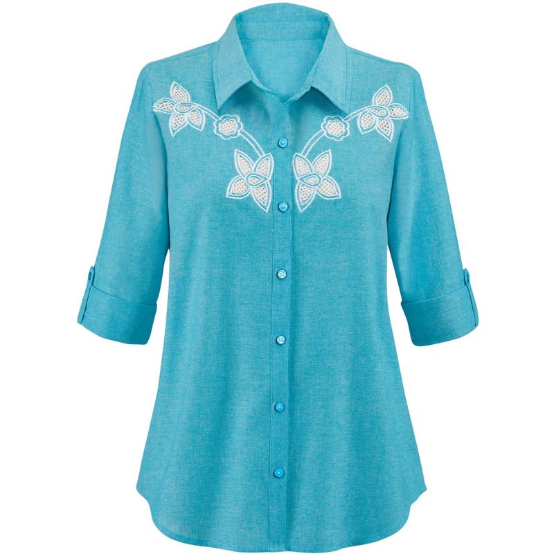Collections Etc Beautiful Floral Embroidered Eyelet Trimmed Roll-Tab Sleeves Shirt, 4 of 6