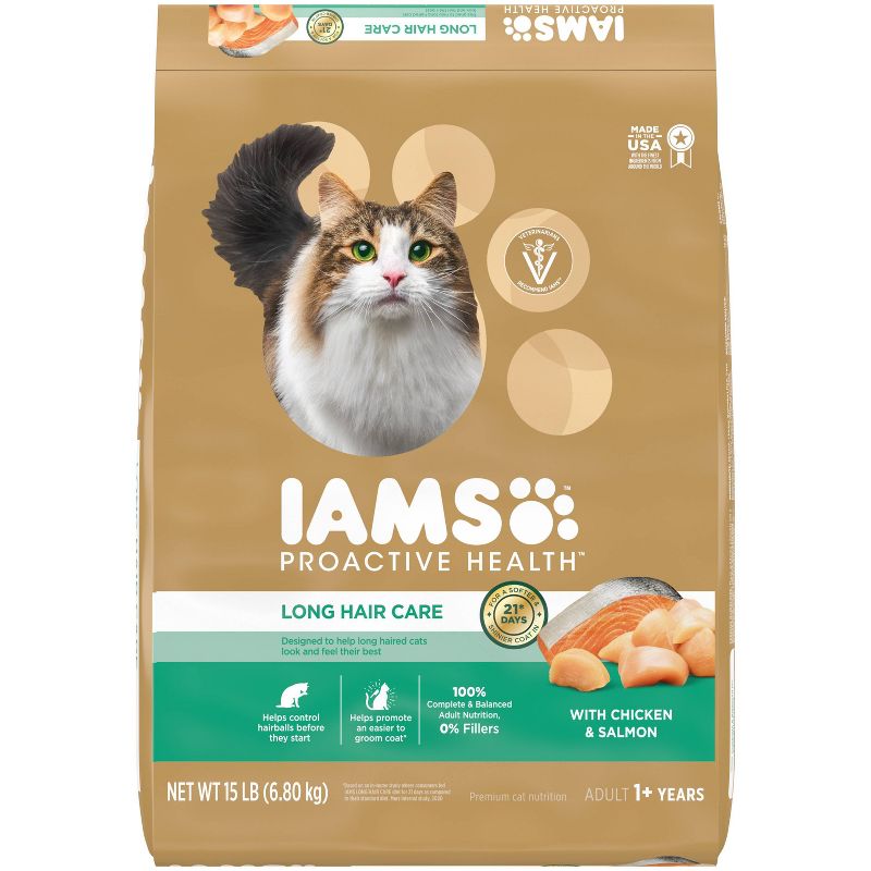 IAMS Proactive Health Long Hair Care with Chicken &#38; Salmon Adult Premium Dry Cat Food - 15lbs, 1 of 7