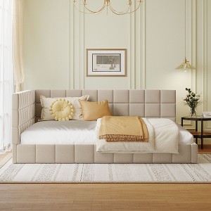 PAGED Full Size Daybed Wooden Bed Frame Velvet Fabric Sofa Bed with Upholstered Backrest for Living Room - 1 of 4