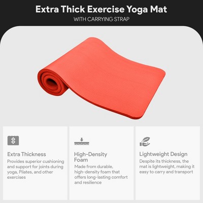 Extra Thick Red High-Density Foam Exercise Yoga Mat with Carrying Strap