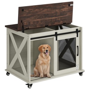 37" Dog Crate Furniture with Sliding Barn Door, Flip Top Wooden Dog Kennel End Table with Wheels and Movable Divider, Dog Cage House for Medium Dogs - 1 of 4