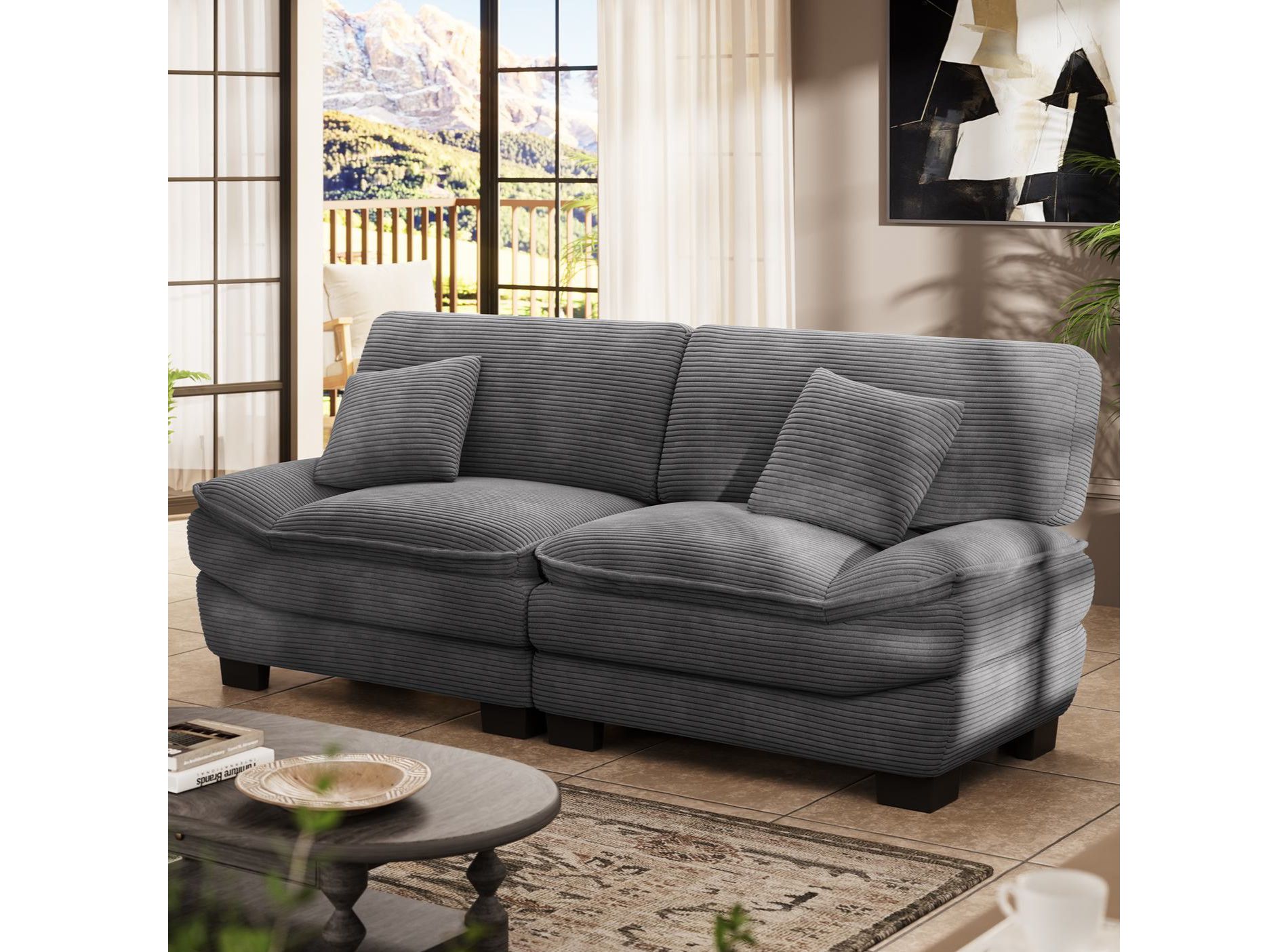 Grey 87" Corduroy Couch with 2 Pillows, Sailboat-Shape Deep Seat Sofa for Living Room, Small Space, Office, Apartment-Morden Fort