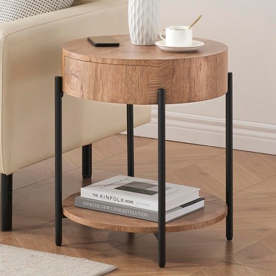19.69" Coffee Table with Drawer Circle End Tables Wooden Bedside Table Metal Frame for Living Room, Bedroom and Small Spaces