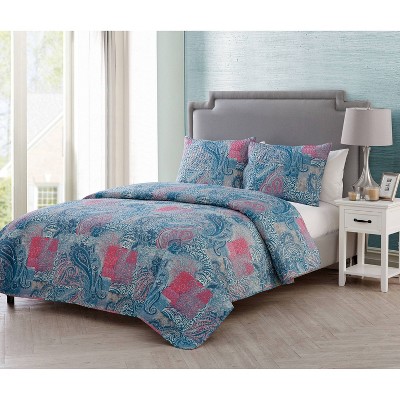 Full Pink and Blue Microfiber Reversible Quilt Set