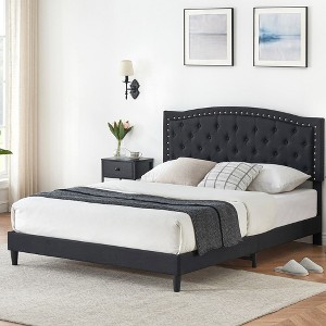 Whizmax Upholstered Platform Bed Frame with Adjustable Button Tufted & Nailhead Trim Headboard, No Box Spring Needed - 1 of 4