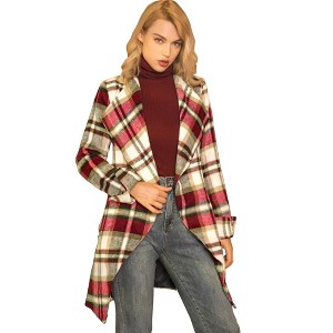 INSPIRE CHIC Women's Shawl Collar Belted Asymmetrical Hem Plaid Coat - 1 of 4
