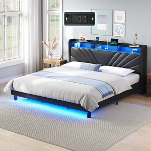 Greenstell  Modern Platform Bed Frame with LED Lights & Charging Station, Upholstered Storage Headboard with Shelves, Heavy-Duty Steel Slats - 1 of 4
