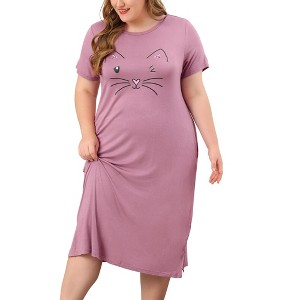 Agnes Orinda Women's Plus Size Soft Knit Cute Cat Print Short Sleeve Split Hem Pockets Midi Sleep Shirts Nightgowns - 1 of 4
