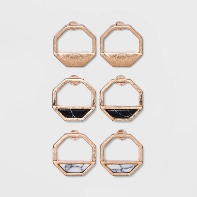 Semi-Precious Stone Inlay Octagon Multi Stud Earring Set 3pc - Universal Thread™