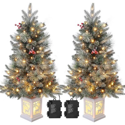 Artificial Christmas Tree Tabletop, Flocked Potted Christmas Tree with Berry Clusters, Battery Operated, for Front Door, Porch