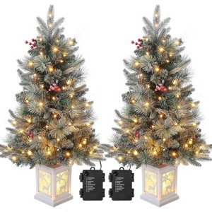 Artificial Christmas Tree Tabletop, Flocked Potted Christmas Tree with Berry Clusters, Battery Operated, for Front Door, Porch - 1 of 4
