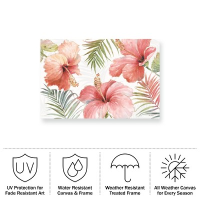 Tropical Blush Pink Hibiscus Outdoor Canvas Print with Natural Wood Frame