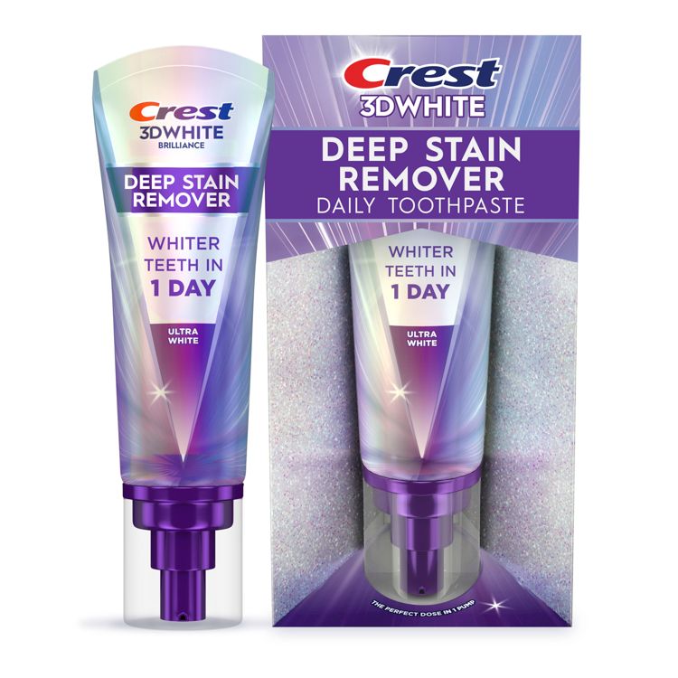 Toothpaste tube and box labeled "Crest 3D White Deep Stain Remover Daily Toothpaste" with "Whiter Teeth in 1 Day" and "Ultra White" text.