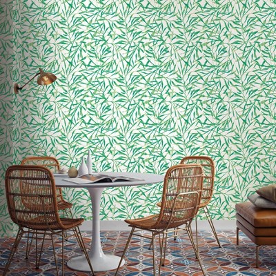 Jade Green Watercolor Leaves Peel and Stick Wallpaper Roll