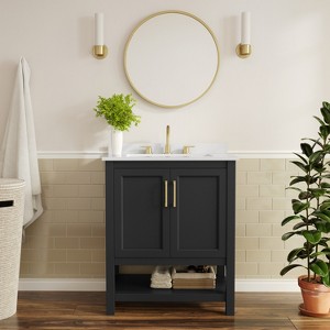Flash Furniture Vega Bathroom Vanity with Sink Combo, Storage Cabinet with Soft Close Doors and Open Shelf, Carrara Marble Finish Countertop - 1 of 4