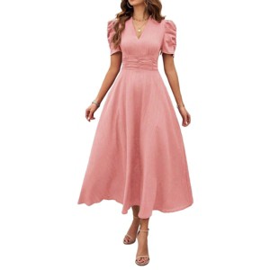 BLUEMING Womens Casual Maxi Dresses Puff Sleeve V Neck Flowy Vacation High Waist Boho Pleated Dresses - 1 of 4