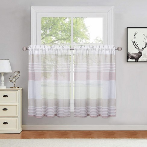 Yarn-dyed Stripe Voile Sheer Rod Pocket Short Cafe Kitchen Curtains ...
