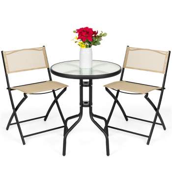 Best Choice Products 3-Piece Patio Bistro Dining Furniture Set w/ Round Textured Glass Tabletop, Folding Chairs
