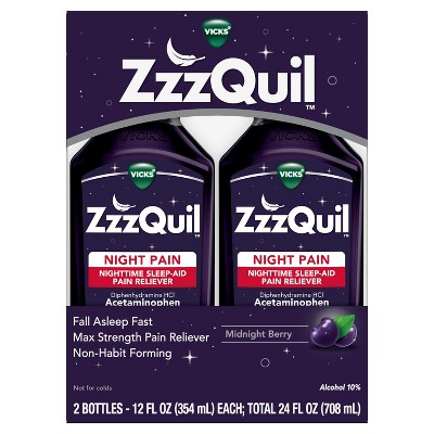 Vicks ZzzQuil Nighttime Pain Relief Sleep Aid Liquid, 12 fl oz, Max Strength Pain Reliever, Non-Habit Forming