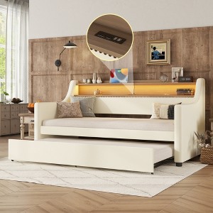 TIRAMISUBEST Twin Size Daybed with Trundle, Upholstered Daybed Frame Sofa Bed with Charging Station, LED Lights and Storage Shelf - 1 of 4