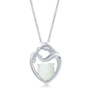 Opalata Sterling Silver, White Opal Heart Mother & Child 18" Pendant Necklace - White - 1 of 2