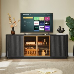 Airsurfer 64" Modern Wavy TV Stand with Glass Doors & LED Lights, Vertical Stripe Storage Cabinet for Living Room，Supports TVs up to 75 inches - 1 of 4