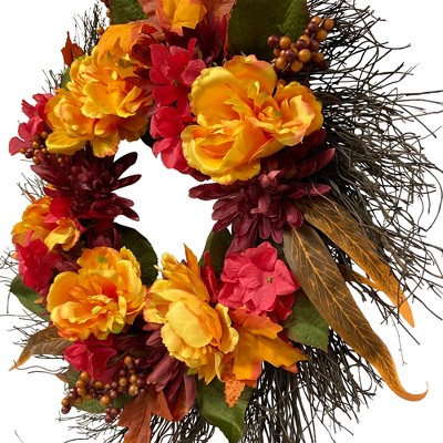 24" Autumn Harvest Artificial Floral Wreath with Feather Accents