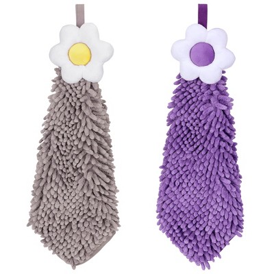 REGALWOVEN Chenille Soft Absorbent Flower Hanging Hand Towels for Bathroom 2 Pcs