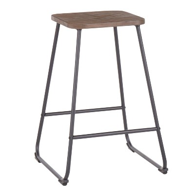 Industrial Black Metal and Espresso Wood Backless Counter Stools, Set of 2