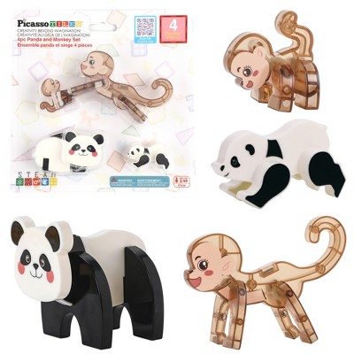 PICASSO-TILES 4 PC Panda & Monkey Character Theme Set Magnetic Tiles, Building Blocks, STEM Toys for Kids 3+