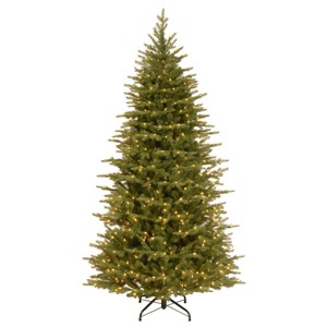 National Tree Company 7.5 ft Pre-Lit 'Feel Real' Artificial Slim Christmas Tree, Green, Nordic Spruce, White Lights, Includes Stand - 1 of 4
