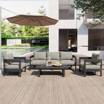 4-Piece Outdoor Patio Seating Set, Round Armrest Conversation Chair with Coffee Table, Chairs with Iron Frame and Foam Cushions-Cuddlewood